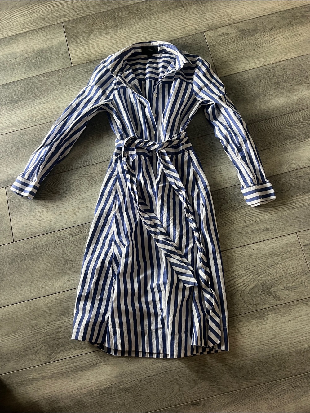 J. Crew Navy and White Striped Midi Shirt Dress with Tie Waist and pockets